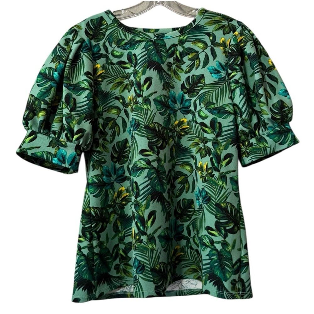 Worthington Women Size Medium Blouse Green Tropical Puffer Sleeve Stretch Floral